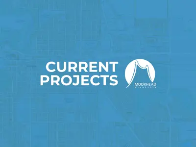 Current Projects and City of Moorhead logo in white on a blue background