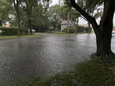 Street flooding in a residential neighborhood following heavy rain.