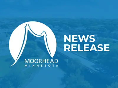 The City of Moorhead white logo with News Release on a blue background