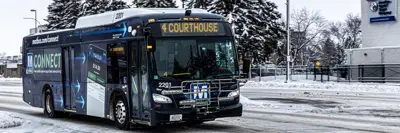 a matbus vehicle drives on a snowy road