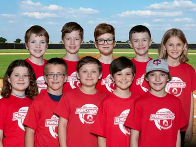 Youth baseball team, ten kids in red shirts