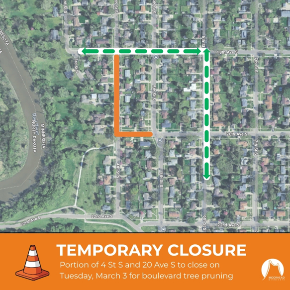 A map of the road closure described in the alert that shows portions of 4 St S and 20 Ave S closed