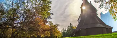 a scenic view of stave church
