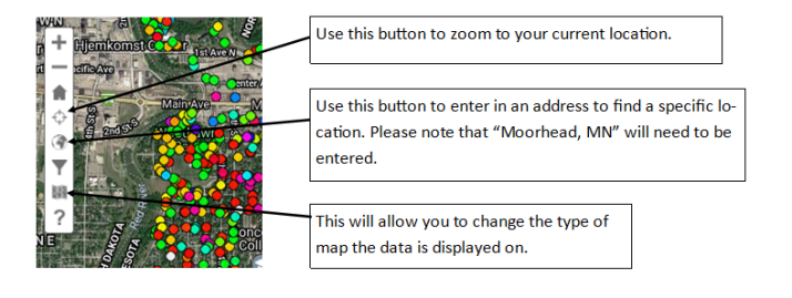 A map of the City of Moorhead with locations of publicly-owned trees.
