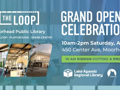 This is an image with renderings of the interior and exterior of the Library with the details of the event which are listed in the text of the event