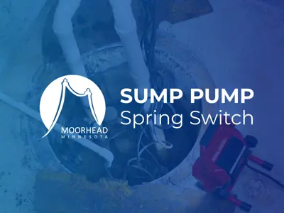 A photo of a sump pump with a blue hue over the image and the words Sump Pump Spring Switch and the City of Moorhead logo in white